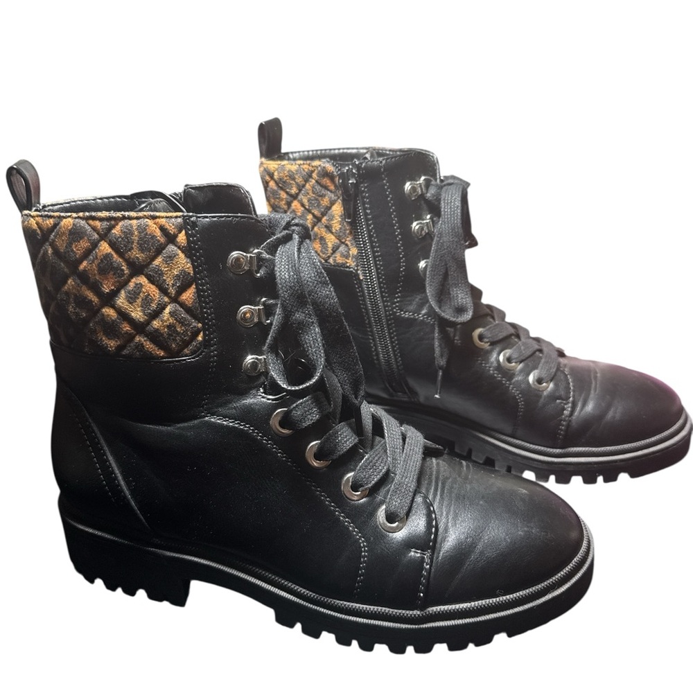 Nine West Women’s Size 7 Black Lace Up Combat Boots Leopard Detail Side Zipper
